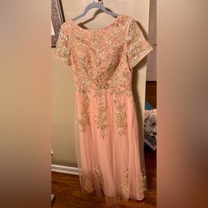 Embroidered Peach Long Sleeve Evening Gown